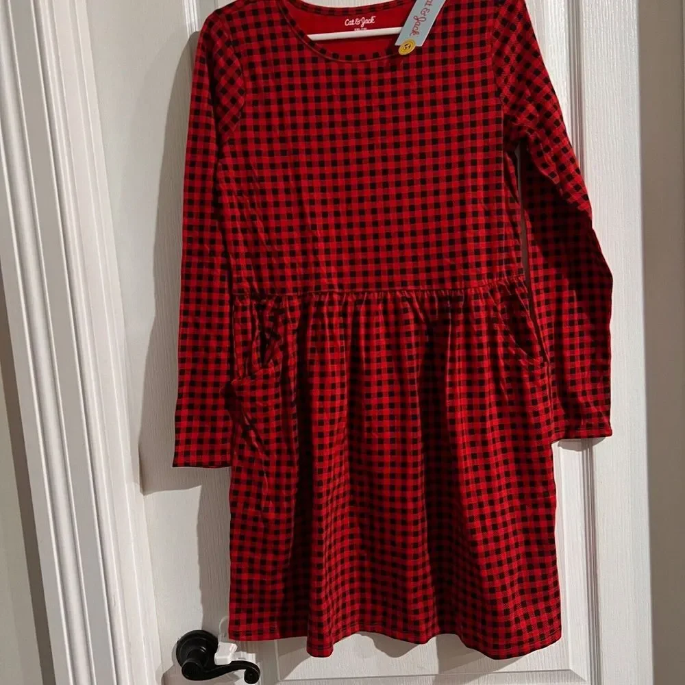 Cat‎ & Jack Youth Girls' Red Black Plaid Printed Long Sleeve Dress Size XXL NWT